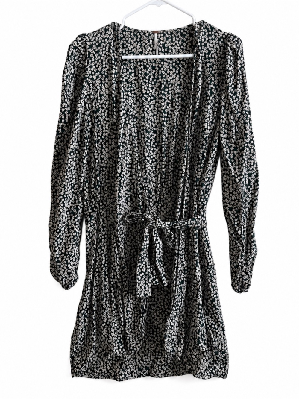 Free People Boho Floral Wrap Dress Size 4 Puff Sleeve Green White
